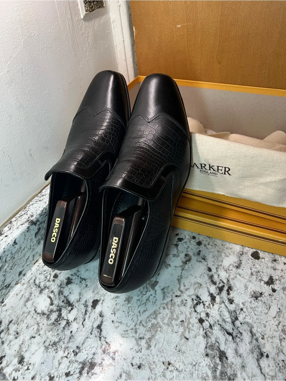 BARKER RIVOLI Black Croc-Embossed Leather Slip-On Loafers